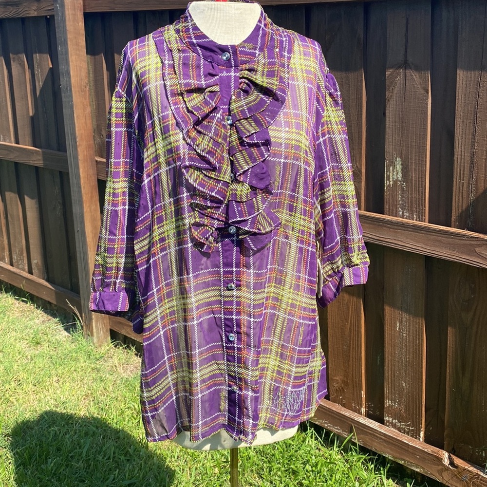 Apple Bottoms Sheer Plaid Ruffle Button Up ~ Size 2X ~ NWT